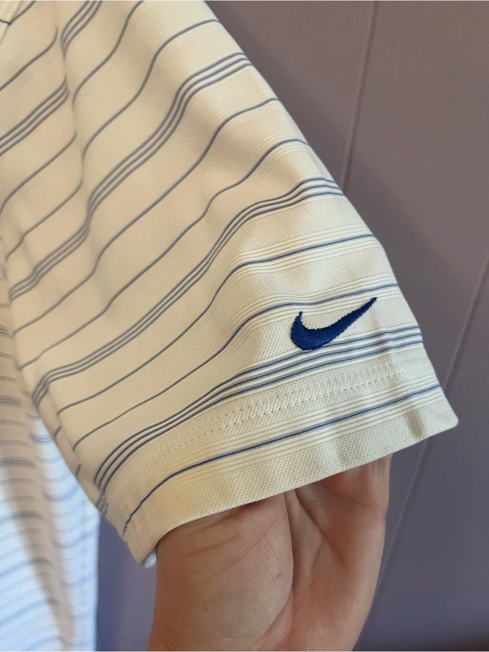 Nike Men’s Cream Polo with Thin Light Blue Stripes